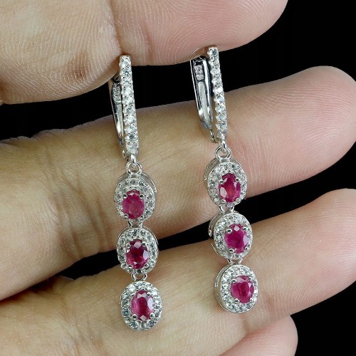 Piękne delikatne srebrne kolczyki naturalne rubiny białe topazy 1