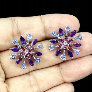 Kolczyki srebrne naturalne ametysty granaty tanzanity 925 1