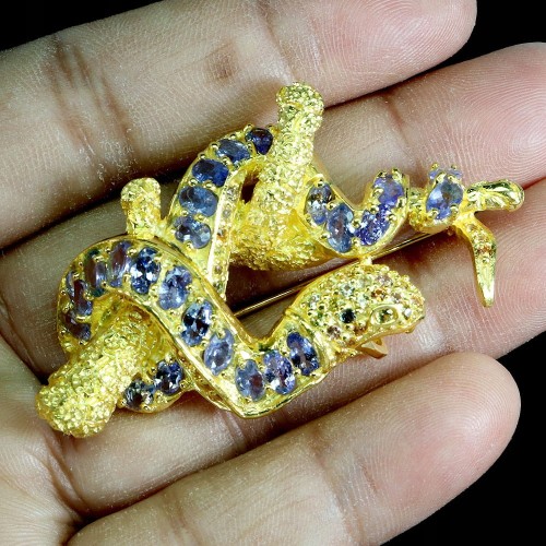 925 Broszka wisiorek naturalne tanzanity szafiry Songea srebrna wąż