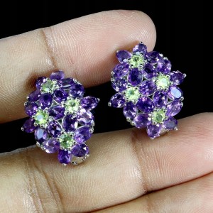 1 Kolczyki srebrne naturalne oliwiny ametysty kwiat 925