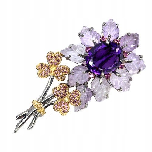 Broszka zjawiskowa kwiat srebrna naturalne ametysty granaty szafiry Songea