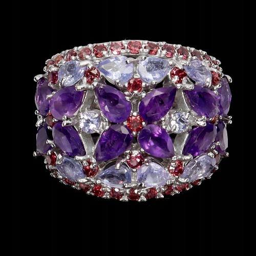 925 Piękny pierścionek naturalne ametysty granaty tanzanity r 17