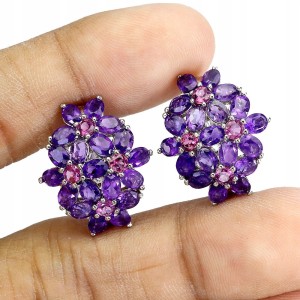 2 Kolczyki srebrne naturalne granaty rodolity ametysty kwiat 925