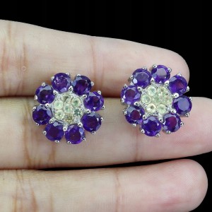 2 Kolczyki srebrne naturalne oliwiny ametysty kwiat 925