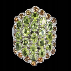 925 Pierścionek srebrny naturalne szafiry Songea oliwiny r 14