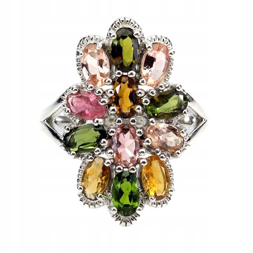 Piękny srebrny pierścionek r 14 naturalne turmaliny 925