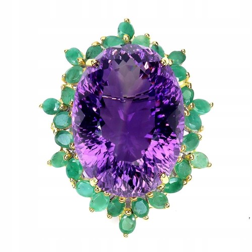 Zjawiskowa broszka srebrna naturalny 72ct ametyst szmaragdy