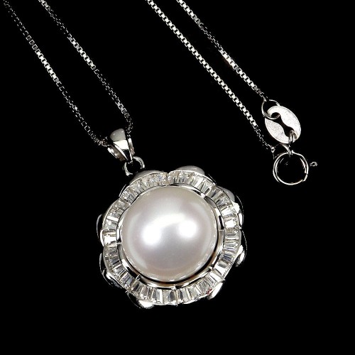 Naszyjnik piękny delikatny naturalna kremowa perła cyrkonie srebro 925