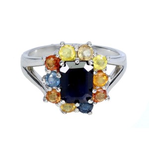 Pierścionek elegancki srebrny naturalne szafiry Songea i niebieski r 15