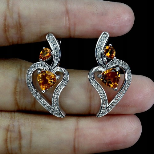 925 Piękne srebrne kolczyki naturalne cytryny białe topazy serce 2