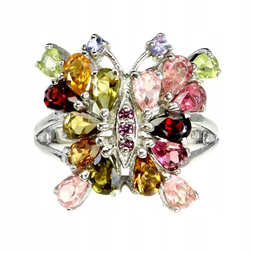 925 Pierścionek naturalne granaty turmaliny tanzanity motyl r 17.5