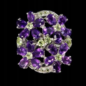 Pierścionek naturalne ametysty szafiry Songea oliwiny kwiat r 17