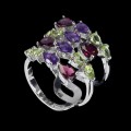 Pierścionek srebrny naturalne granaty oliwiny ametysty r 17