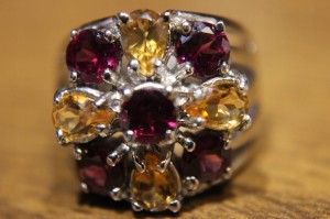 Pierścionek zjawiskowy 925 naturalne granaty rodolity cytryny r 14