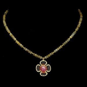 Piękny naszyjnik zjawiskowy naturalny rubin cytryny srebrny 925 kwiat