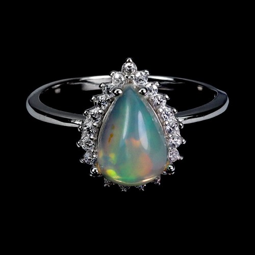 925 Delikatny pierścionek r 18 cyrkonie naturalny ognisty opal