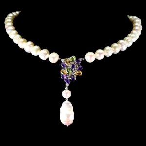 Naszyjnik 925 naturalne perły oliwiny cytryny szafiry ametysty zjawiskowy
