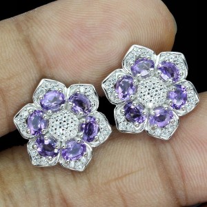 5 Kolczyki delikatne srebrne naturalne ametysty cyrkonie kwiat 925