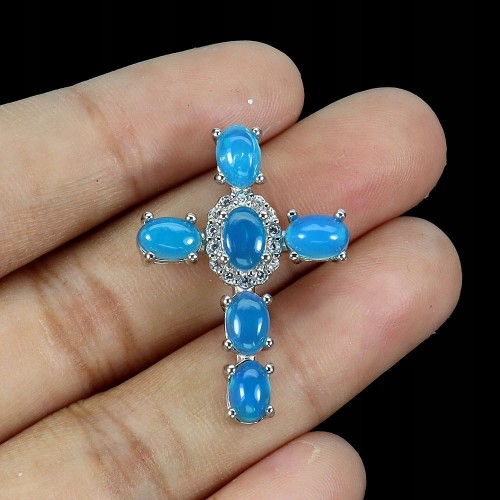 Wisiorek krzyż srebrny naturalne niebieskie opale ogniste cyrkonie 925
