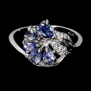 925 Pierścionek delikatny r 16 naturalne tanzanity cyrkonie srebro