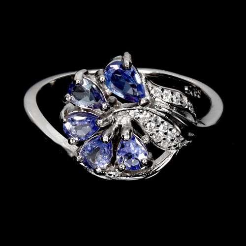 925 Pierścionek delikatny r 16 naturalne tanzanity cyrkonie srebro