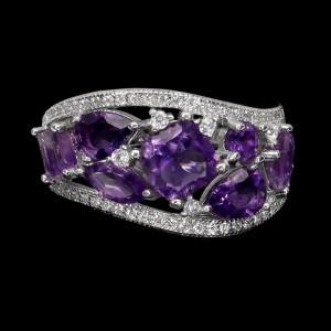 925 Pierścionek piękny r 14 naturalne ametysty cyrkonie