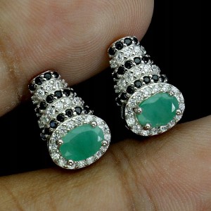 Srebrne delikatne kolczyki naturalne czarne spinele szmaragdy 925 5