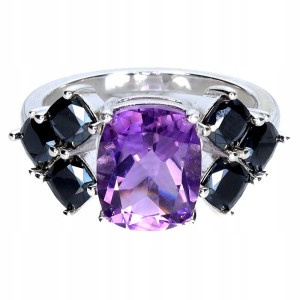 Piękny pierścionek srebrny naturalny ametyst czarne spinele r 14 925