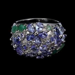 925 Pierścionek srebrny naturalne tanzanity szmaragdy r 15.5 kwiat