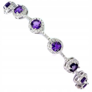 Srebrna elegancka bransoletka naturalne ametysty cyrkonie piękna