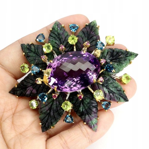Zjawiskowa broszka srebrna naturalny 68ct ametyst topazy zoisyt granaty