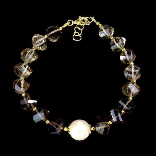 Piękna srebrna bransoletka naturalne kwarce dymne perła 925