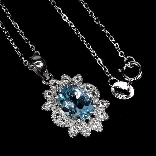 Piękny elegancki naszyjnik naturalny Sky Blue topaz białe topazy 925