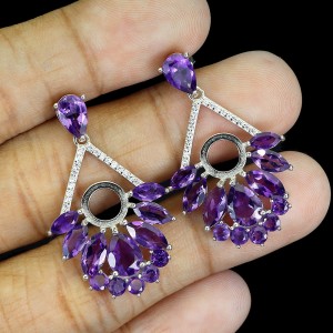 5 Kolczyki eleganckie srebrne naturalne ametysty cyrkonie 925