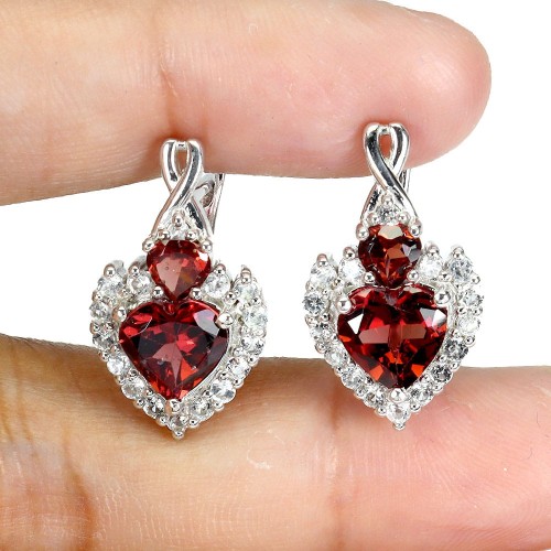 Kolczyki delikatne srebrne naturalne granaty cyrkonie serca 5