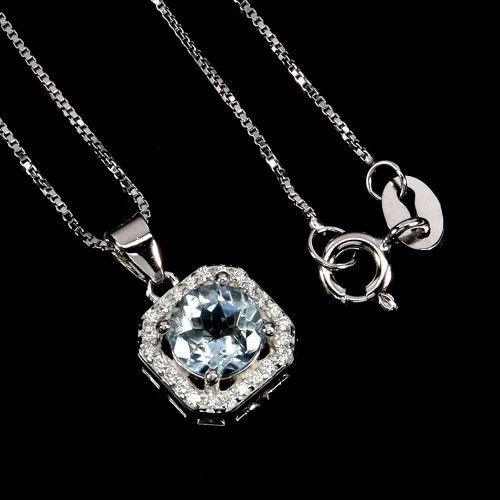 Delikatny srebrny elegancki naszyjnik naturalny akwamaryn cyrkonie