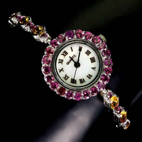 925 Zegarek srebrny bransoletka naturalne granaty cytryny zjawiskowy