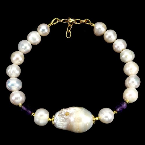 Elegancka bransoletka srebrna 925 naturalne ametysty perły
