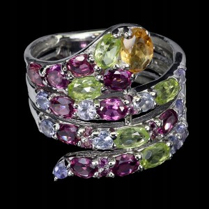 925 Piękny pierścionek naturalne granaty tanzanity oliwiny cytryn r 16.5