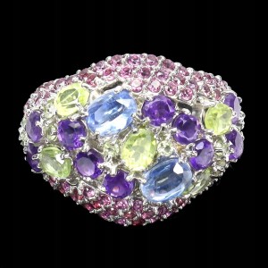 Pierścionek r 17 naturalne ametysty kianity granaty rodolity oliwiny 925