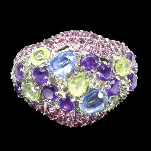 Pierścionek r 17 naturalne ametysty kianity granaty rodolity oliwiny 925