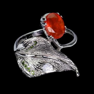 925 Pierścionek naturalny pomarańczowy opal ognisty diopsydy r 18 liść