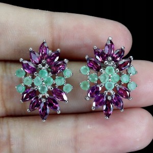 Srebrne eleganckie kolczyki naturalne szmaragdy granaty rodolity 3