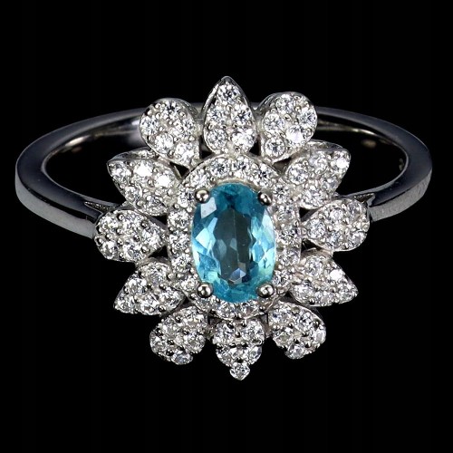 Srebrny pierścionek r 17 naturalny apatyt neon blue cyrkonie
