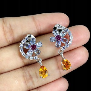 925 Kolczyki delikatne naturalne tanzanity cytryny granaty kwiat 3