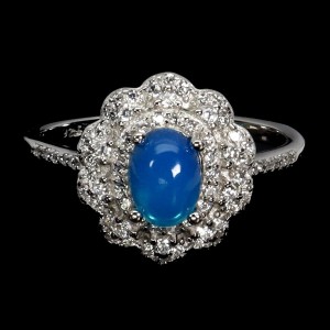 Srebrny elegancki pierścionek naturalny niebieski opal cyrkonie r 16