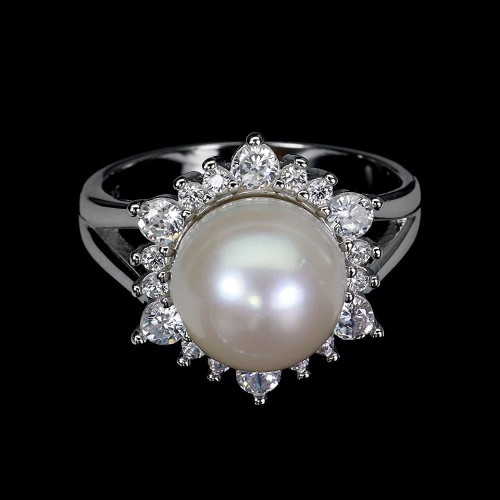 925 Pierścionek srebro elegancki naturalna kremowa perła cyrkonie r 14