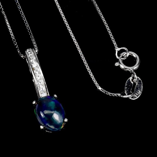 925 Srebrny elegancki naszyjnik delikatny naturalny czarny opal cyrkonie