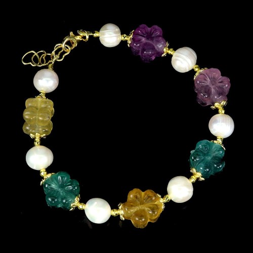 Piękna srebrna bransoletka naturalne perły fluoryty 925