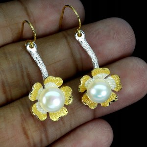 Delikatne piękne kolczyki naturalne kremowe perły srebro kwiat 3